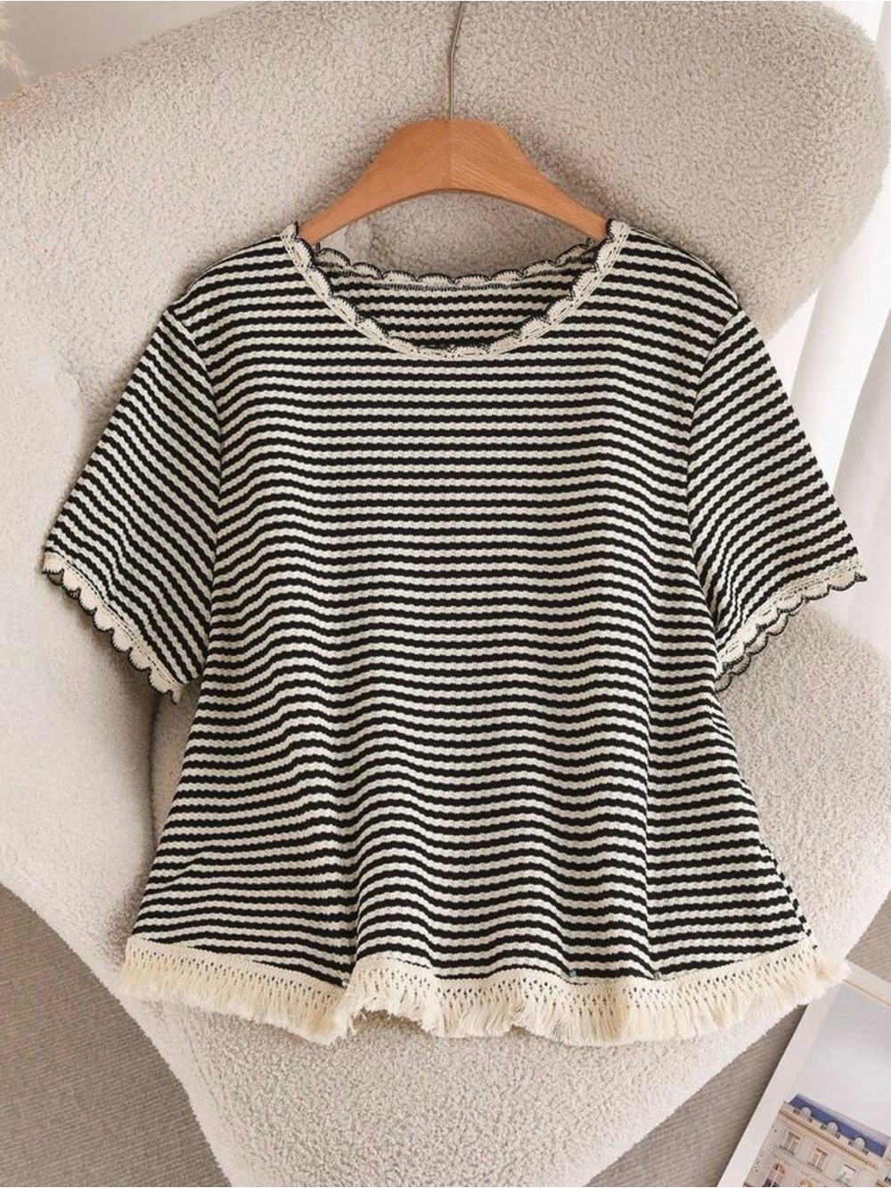 SHEIN Black & Cream Striped Scalloped Knit Tee